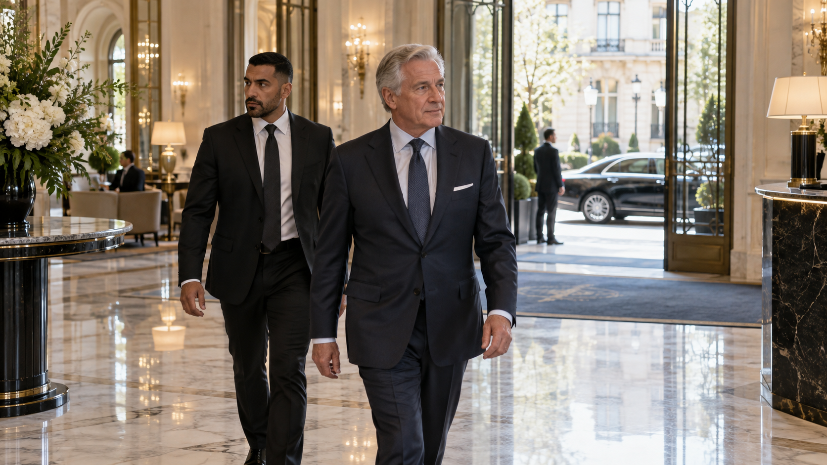 Dirigeant accompagné discrètement par un agent de protection